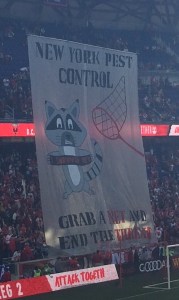 Red Bulls supporters raise a giant tifo before their Eastern Conference semifinal match against DC United